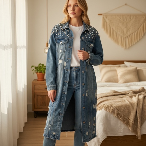 Veveret NWOT Elegant Long Denim Jacket with Pearl Accents - Picture 15 of 15
